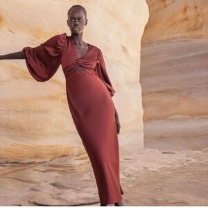 Shona Joy Luxe Twist Ballon Sleeve Cut Out Midi Dress Size US 8 Sangria